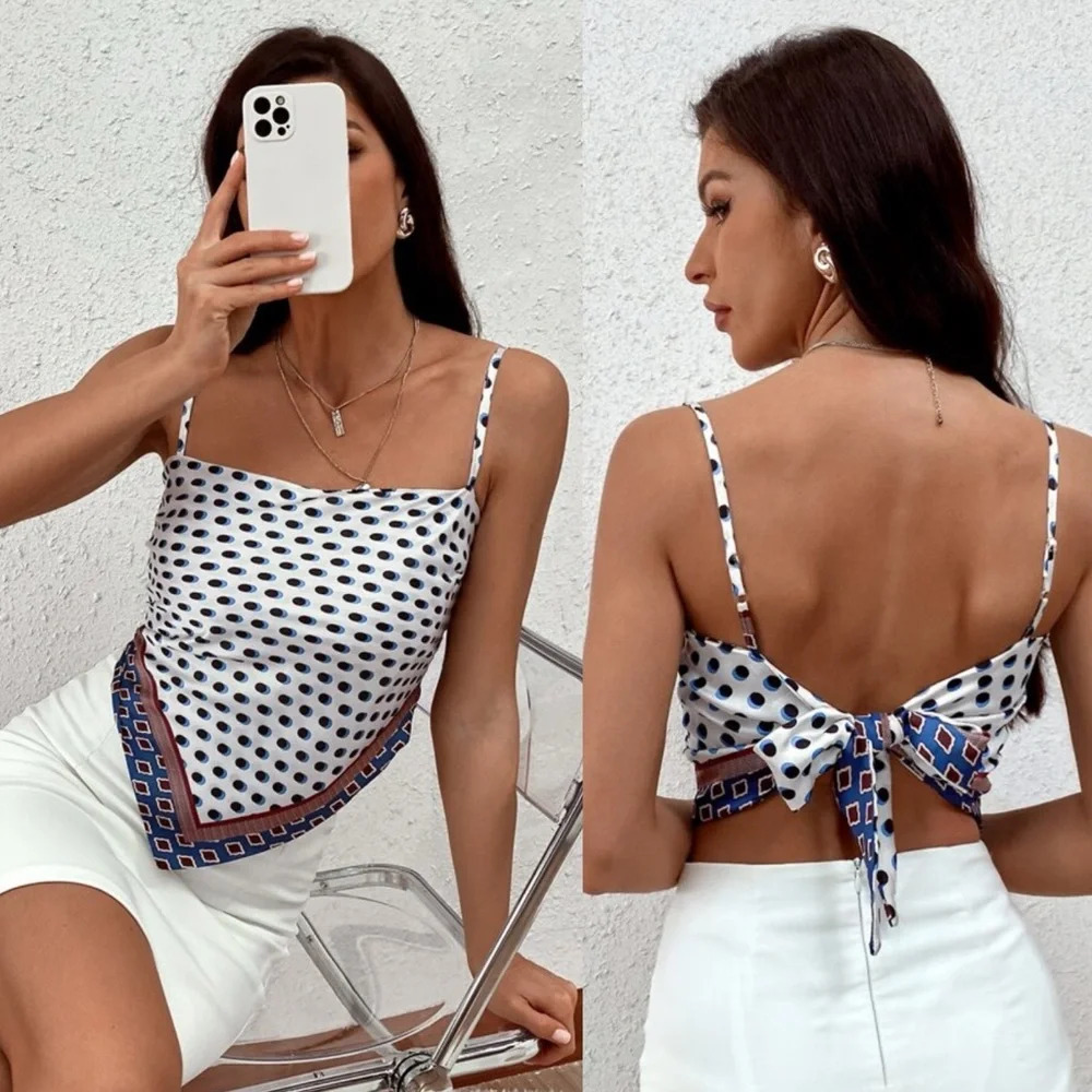 Strappy Polka Dot Silky Bandana Scarf Tie Back Flattering Summer Crop Top